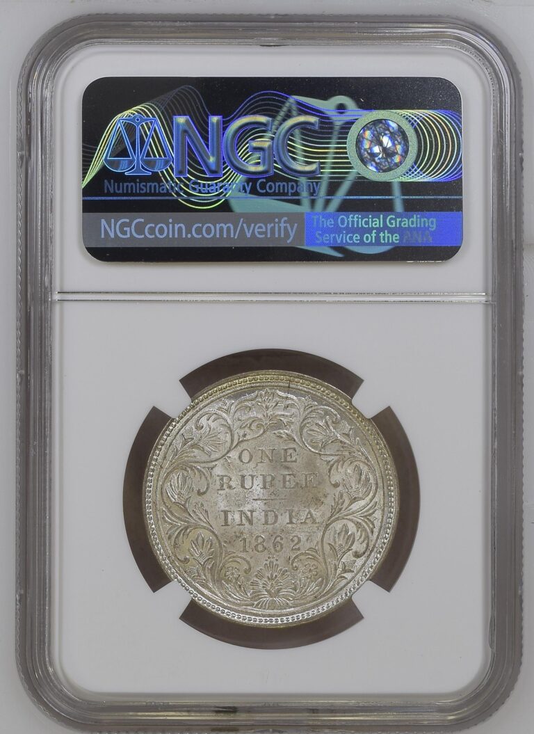 Rare One Rupee 1862 with 4 Dot NGC Graded in MS 61 Grade Victoria Queen British India Silver Coin