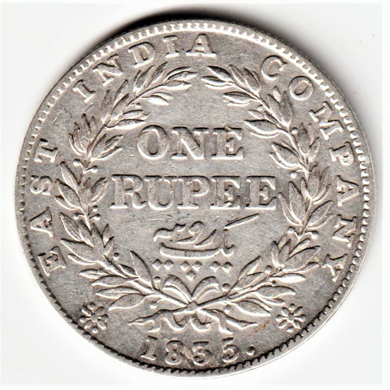 Rare One Rupee1835 King William IIII F Mark on Neck of East India Company Silver Coin