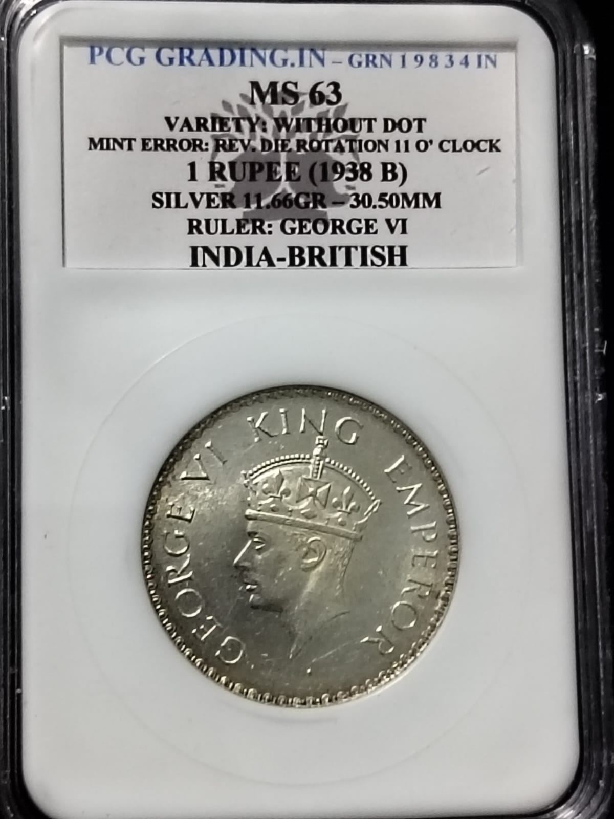 Extremely Rare One Rupee 1938 NGC Graded in MS 63 Grade George VI King Emperor British India Silver Coin